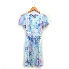 ウィルセレクション WILLSELECTION リボン フレア ワンピース ひざ丈 フラワープリント ハートシェイプドネック 半袖 S ライトブルー /NT12