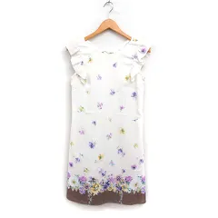 ウィルセレクション WILLSELECTION フラワープリント ワンピース ノースリーブ ひざ丈 フリル M オフホワイト 白 ブラウン 茶 /FT13