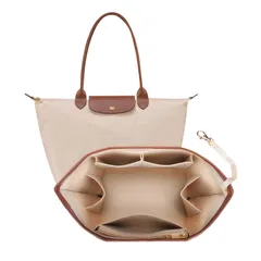 ロンシャン ル・プリアージュ S/M/L ハンドバッグ対応 プレミアムフェルト製 革縁付きオーガナイザーインサート(大、ベージュ)t