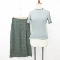 ジーユー GU カットソー スカート 2枚セット プルオーバー 半袖 メロー リブ ナロースカート ロング チェック ベンツ 緑 グリーン M