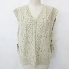 ヘザー Heather ベスト ニット プルオーバー Vネック リボン アラン模様 ベージュ F