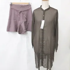 ジーユー GU ナイスクラップ NICE CLAUP シャツ パンツ 2枚セット 長袖 バンドカラー ロング シアー ショート キュロット 紐ベルト シャーリング 茶 紫 ブラウン パープル XS F