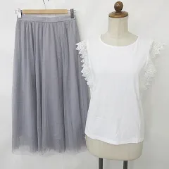 ジーユー GU カットソー スカート 2枚セット プルオーバー ノースリーブ レース クルーネック ギャザー ロング チュール ゴム 白 グレー ホワイト M
