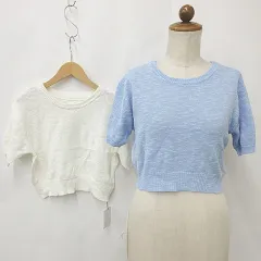 グレイル GRL ニット 2枚セット セーター 半袖 丸首 綿 青 白 ブルー ホワイト F