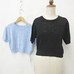 グレイル GRL ニット 2枚セット セーター 半袖 丸首 綿 黒 青 ブラック ブルー F