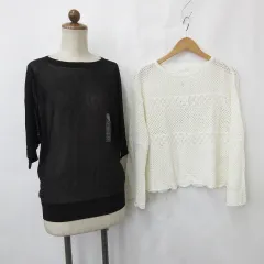 ユニクロ UNIQLO ジーユー GU ニット セーター 2枚セット 五分袖 長袖 丸首 シアー スカラップ 透かし編み 黒 白 ブラック ホワイト M