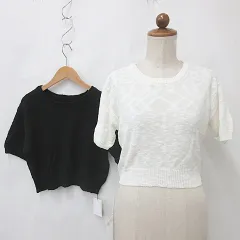 グレイル GRL ニット 2枚セット セーター 半袖 丸首 綿 白 黒 ホワイト ブラック F