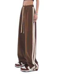 [3MDGHD] レディース ジャージ パンツ 下 ズボン スポーツ トレーニング ウェア ジョガー ワイド ロング ゆったり ライン 入り じゃーじ ぱんつ ずぼん ダンス 運動 着 服 体育 スウェット パジャマ かわいい おしゃれ  [ブラウン] [M]