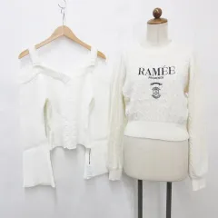 ワンアフター アナザー ナイスクラップ one after another NICE CLAUP グレイル GRL ニット 2枚セット セーター 長袖 丸首 刺繍 オフショルダー ファーストラップ ベルスリーブ アイボリー 白 ホワイト F