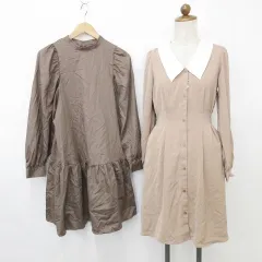 ジーユー GU ワンピース 2枚セット ひざ丈 長袖 ビックカラー 別布 前開き ペチコート ボリューム袖 ティアード ベージュ 白 茶 ホワイト ブラウン S