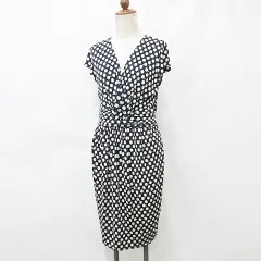 EGERIE ワンピース ひざ丈 フレンチスリーブ ストレッチ 総柄 ドット ブラック クリーム 黒 38