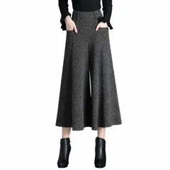 [Arimelune] ボトムス ズボン ガウチョパンツ レディース ミモレ丈 9分丈 ウール調 きれいめ かわいい おしゃれ オフィス カジュアル シンプル ガウチョ パンツ a A ライン キュロット フレア 婦人 服 ウール ツイード [グレー] [M]