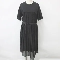 モンクレール MONCLER ワンピース 半袖 ロング カットソー レース プリーツ ベルト ロゴ 黒 ブラック XS