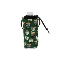 【新品】 ペットボトルカバー 保冷保温 ペットボトルケース 水筒カバー マグボトルカバー 巾着 500～600ml 革持ち手 しろくま (しろくまカフェ グリーン) 0