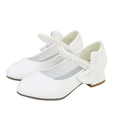 女の子 ドレスシューズ フォーマル 靴 PU レザー ローヒール パール風 リボン かわいい おしゃれ 入園式 卒園式 演奏会 発表会 子ども ガール ドレス シューズ 入学 卒園 入園 卒業 発表 会 演奏 結婚 式 シンプ [ホワイト] [21.5 cm]