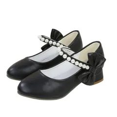 [Arimelune] 女の子 ドレスシューズ フォーマル 靴 PU レザー ローヒール パール風 リボン かわいい おしゃれ 入園式 卒園式 演奏会 発表会 子ども ガール ドレス シューズ 入学 卒園 入園 卒業 発表 会 [ブラック] [20.5 cm]