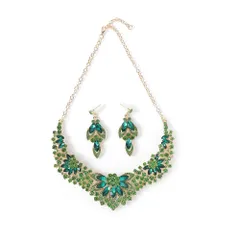 [ＫＫ　Ｓｏｌｉｓ] フラワーモチーフ ゴージャスネックレス＆ピアスセット大ぶり 豪華 高見えビジューアクセサリー 結婚式 二次会 パーティー 演奏会 発表会 舞台映え ドレスアップ (ピアスセット, エメラルドグリーン) [エメラルドグリーン]