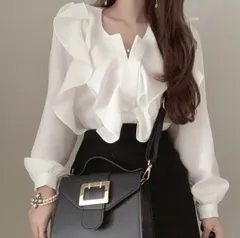 フリルブラウス シフォンブラウス パフスリーブ 長袖 フリル トップス 上品 エレガント 韓国ファッション フェミニン 大人コーデ おしゃれ オシャレ お洒落 かわいい 可愛い 人気 春コーデ SA-205