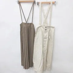 ジーユー GU スカート 2枚セット サスペンダー ロング フレアー プリーツ ベージュ 茶 ブラウン S