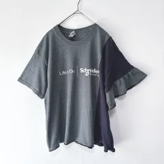 古着リメイクTシャツ　グレー×ネイビー　左袖ギャザーフリル　アシンメトリー　切替え　プリント　レディーストップス　灰　紺