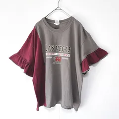 古着リメイクTシャツ　ブラウン×ボルドー　アシンメトリー　非対称　袖ギャザーフリル　切替え　プリント　レディーストップス