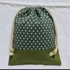 ハンドメイド、星柄の給食袋、巾着袋、コップ入れ、緑