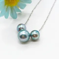 【SKパール】SVあこやグレー真珠3ピーススルーネックレス・長さ40センチ・シンプルアクセサリー・照りの良いブルーグレー・軽いネックレス・小さなケース付き・SKパールアクセサリー（商品番号15-878）