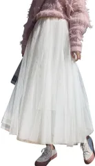 [RosaSolFeliz] チュール スカート フレア ロング レディース 薄手 シフォン 生地 ウエスト ゴム シースルー プリーツ ボリューム ティアード Aライン レース マキシ丈 広がる 美脚 膝丈 長め ふんわり スタイル 韓国 ファ [ホワイト]