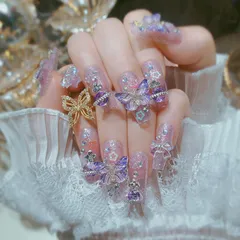 Free) (タイプ18 繰り返し使える プレゼント 女性 パーティー 成人式 結婚式 夏 ネイルシール リボン 蝶 両面テープ 手作りネイルチップ 花嫁ネイル 長め 可愛い 3D付け爪 ジェルネイル おしゃれ 人気 韓国 立体 光沢 キラキラ 24枚入 ロン
