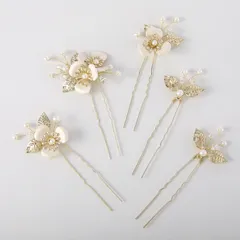 ヘッドドレス Uピン ウェディング 結婚式 5本セット 卒業式 パールヘアピン お呼ばれ 披露宴 花モチーフ 発表会 髪飾り 和装用 手作り髪飾り ヘアアクセサリー 白い花＋ゴールド合金