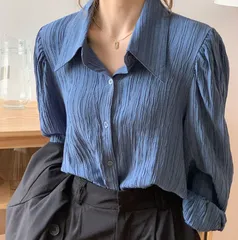 【ブルー】ブラウス レディース 長袖 シャツ きれいめ プリーツ 通勤 オフィス カジュアル 上品 トップス 春 秋