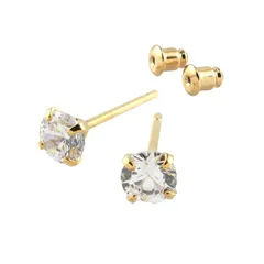 [ジュエリーショップエム] CZダイヤ キュービックジルコニア 1粒 ピアス 金属アレルギー対応 落ちない キャッチ セット キラキラ 4本立爪 p0242 4mm ゴールド 1