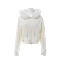 m 日本 イングニ ファー フーWHO ケーブル編み ニット フーディー ジップアップ アイボリー