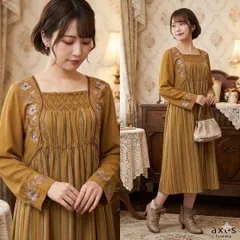 axes femme【M】ロングワンピース 茶 花刺繍 レトロ 可愛い 現行品