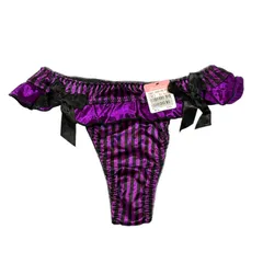 aimerfeel エメフィール Tバックショーツ M パープル ブラック サテン調 ストライプ フリル リボン ソング タンガ ランジェリー 下着 Purple Thong