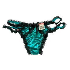 aimerfeel エメフィール Tバックショーツ M グリーン ブラック サテン調 レース フリル リボン ランジェリー ソング タンガ 下着 Green Thong Panties