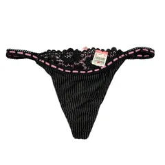 aimerfeel エメフィール Tバックショーツ M ブラック ピンク ストライプ レース リボン ランジェリー ソング タンガ 下着 Black Pink Thong