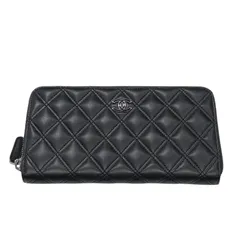 シャネル CHANEL マトラッセラウンドファスナー財布 ブラック　シルバー金具 ラム レディース 長財布