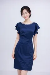 【新品未使用】ネイビー ビジュー フリル袖 タイトドレス パーティードレス 結婚式 二次会 お呼ばれ 上品 ナイトドレス キャバ