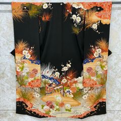 □E5749□美品□正絹□黒 吉祥文様 袷 大振袖□丈162.5 裄65 成人式 