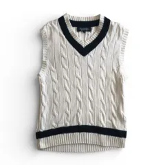 美品　BROOKS　BROTHERS　ブルックスブラザーズ　Vネック　チルデンニット　ニット　ベスト　サイズS　コットン　ホワイト×グリーンのサムネイル