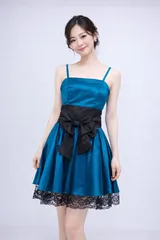 【新品未使用】ブルーグリーン サテン リボン フレアドレス キャミソール 裾レース パーティードレス 結婚式 キャバドレス ナイトドレス M