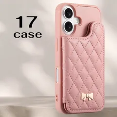新品　iPhone17 ケース　手帳型　多機能スマホケース　フリーポケット　カード収納　ミラー付き　スタンド  大人可愛い  保護ケース　ピンク