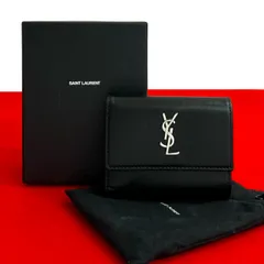 極 美品 箱 袋付き SAINT LAURENT PARIS サンローランパリ YSL ロゴ 金具 レザー 本革 三つ折り財布 ミニ ウォレット ブラック 96575のサムネイル