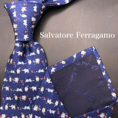 【美品】Salvatore Ferragamo ネクタイ 総柄 ネイビー 青色