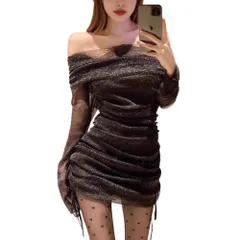 [AQUA Marine] オフショルワンピース ドレス レディース シアーメッシュ オフショル 長袖 ミニ丈 シースルー ハイウエスト 肩見せ 細見え パーティー デート きれいめ 上品 (JP, アルファベット, L, 標準 [ブラック] [L] [標準]