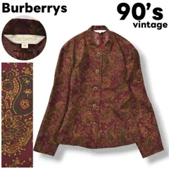 【美品】 90s ヴィンテージ バーバリー Burberrys ノーカラー ショート ジャケット ドレス 11 総柄 ペイズリー ブラウン モダン レトロ カジュアル シティールック レディース ♪のサムネイル