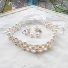 ウェディング パールチョーカー＆イヤリングセット｜Pearl Ribbon｜ブライダルアクセサリー