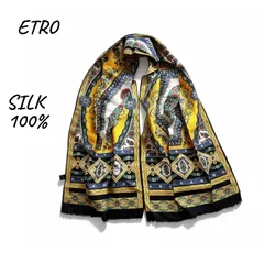 ETRO エトロ ペイズリー柄 シルク100% スカーフ ストール イタリア製 イエロー オレンジ マルチカラー 絹 Paisley Silk Scarf Made in Italy エレガント ラグジュアリー ハイブランドお出かけ 正規品 美品