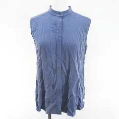 セオリーリュクス theory luxe セットアップ ノースリーブ ノーカラーシャツ ブラウス ロング丈 テーパードパンツ 比翼 絹 シルク 38 36 青系 ブルー ストレッチ 無地